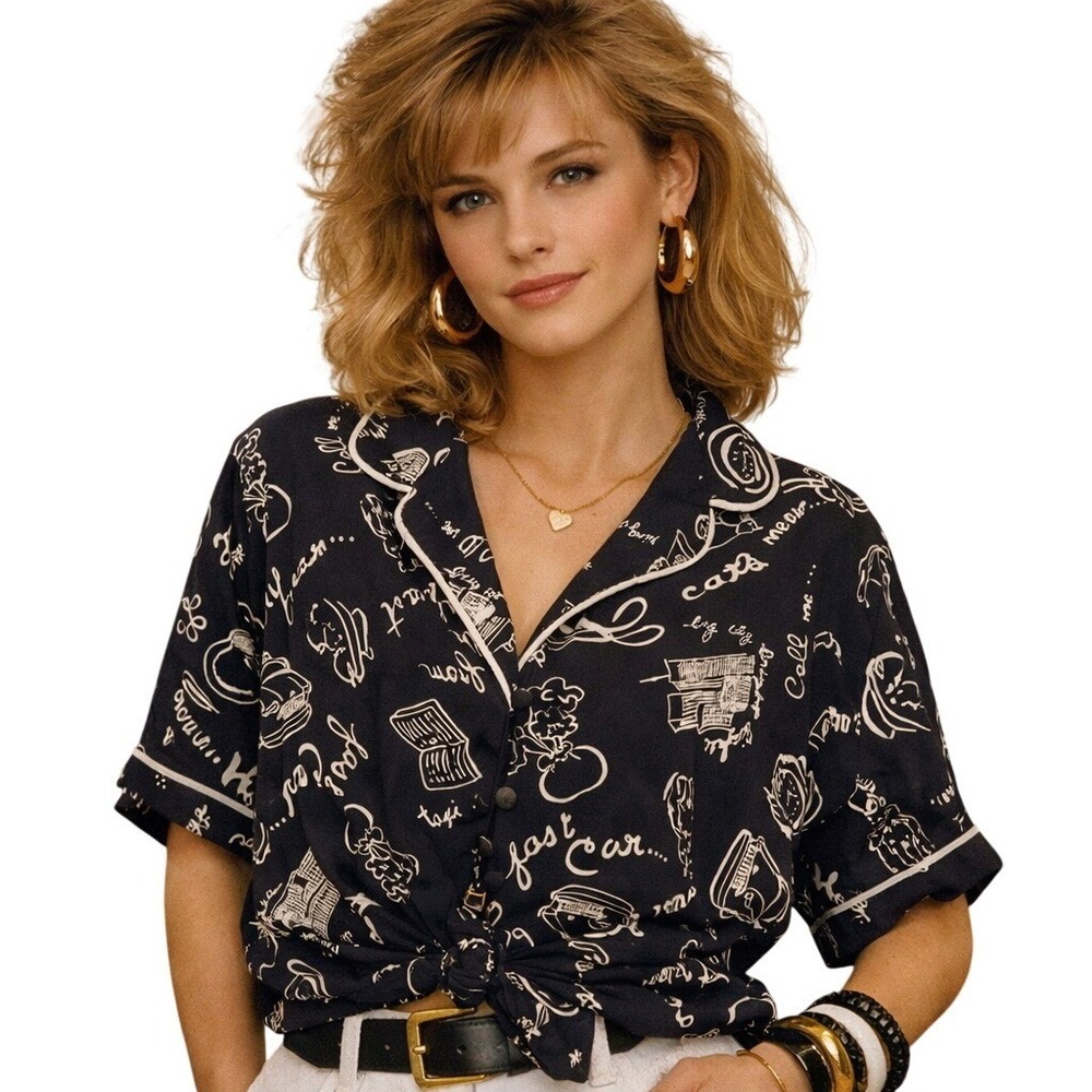 Best United Garment Co Women Navy Blouse 90s Vintage Cafe‎ Novelty Shirt 22/24